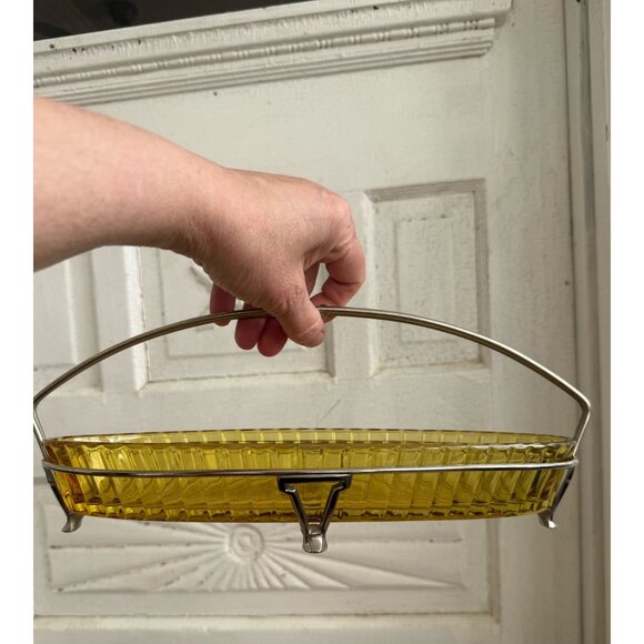 Vintage 50's Heisey Glass Marigold Serving Dish With Chrome Stand - Picture 3 of 8